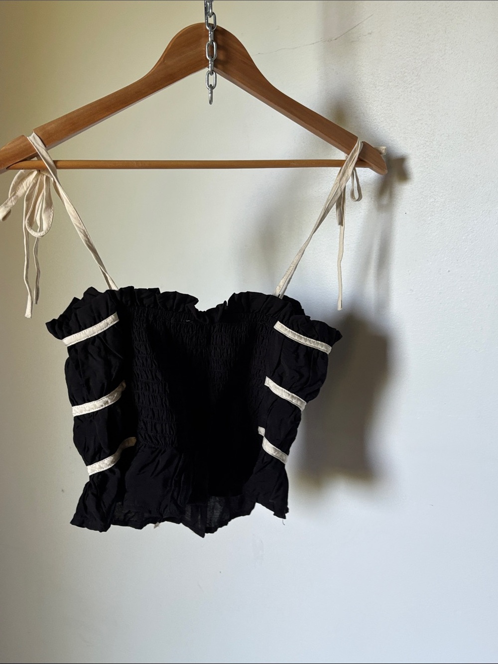 Thirty Thirty Shirred Ruffle Smocked Cami Top in Black & Ecru - Picture 6 of 8